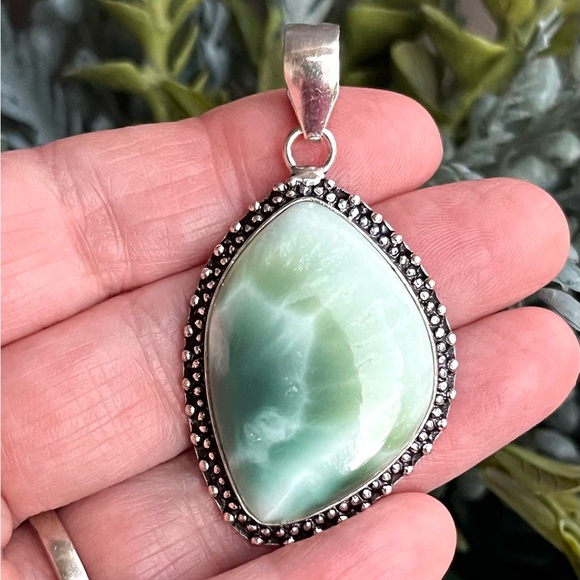 Artisan Jewelry - Natural Hemimorphite Larimar Gemstone Sterling Silver Pendant